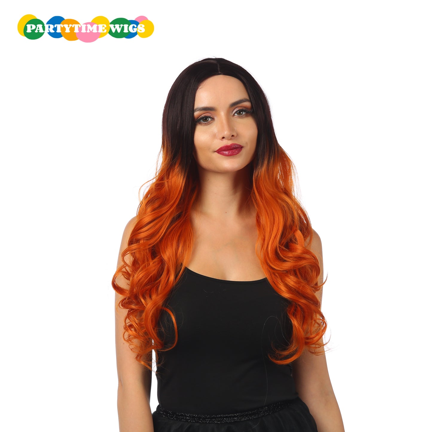 PARTYTIME SEXY STYLE LONG CURLY SYNTHETIC FIBER BROWN OMBRE ORANGE COLOR LADY WIGS