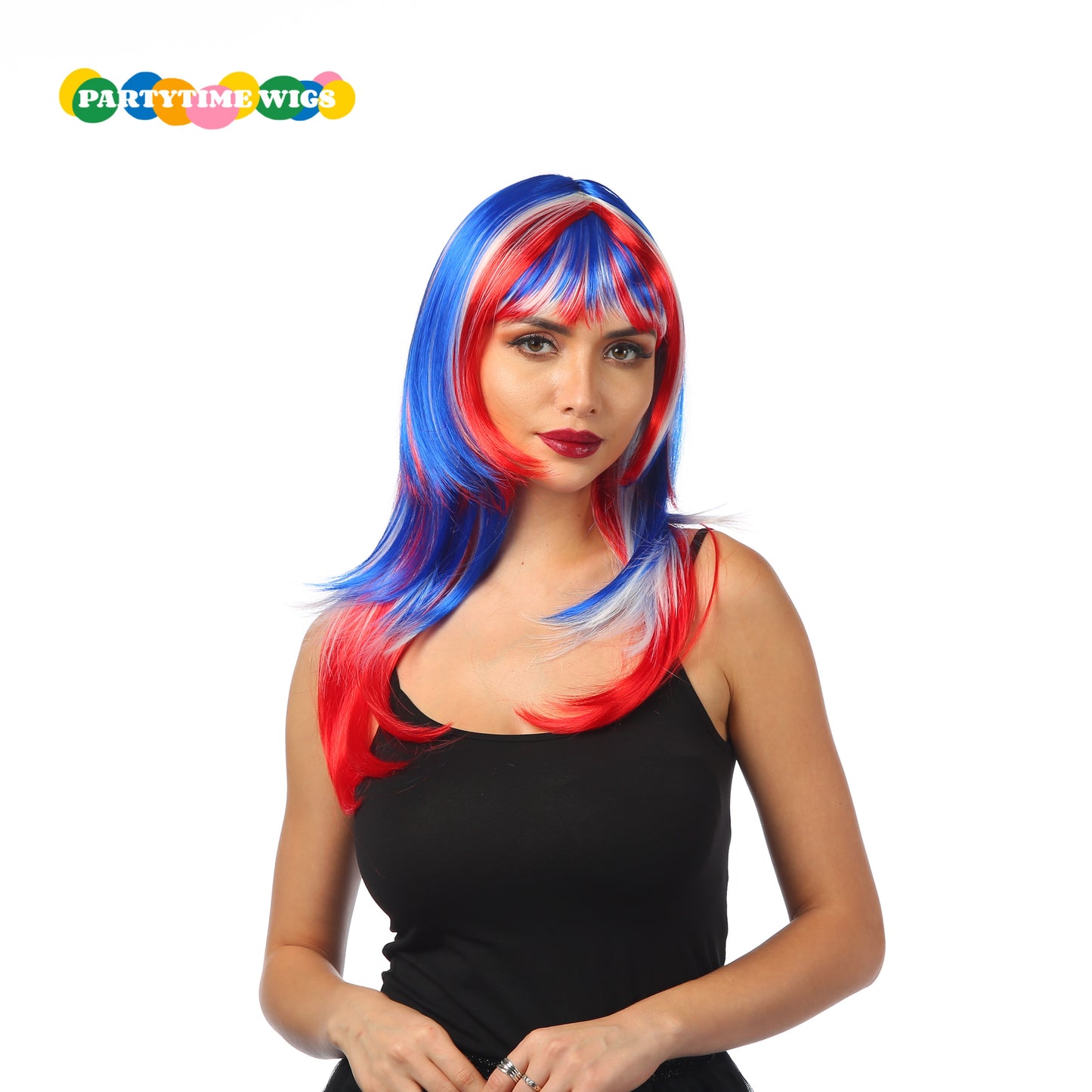 PARTYTIME FOOTBALL FANS STYLE SHORT SYNTHETIC FIBER BLUE MIX RED AND WHITE COLOR LADY WIGS