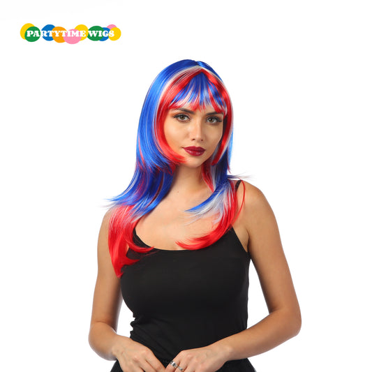 PARTYTIME FOOTBALL FANS STYLE SHORT SYNTHETIC FIBER BLUE MIX RED AND WHITE COLOR LADY WIGS