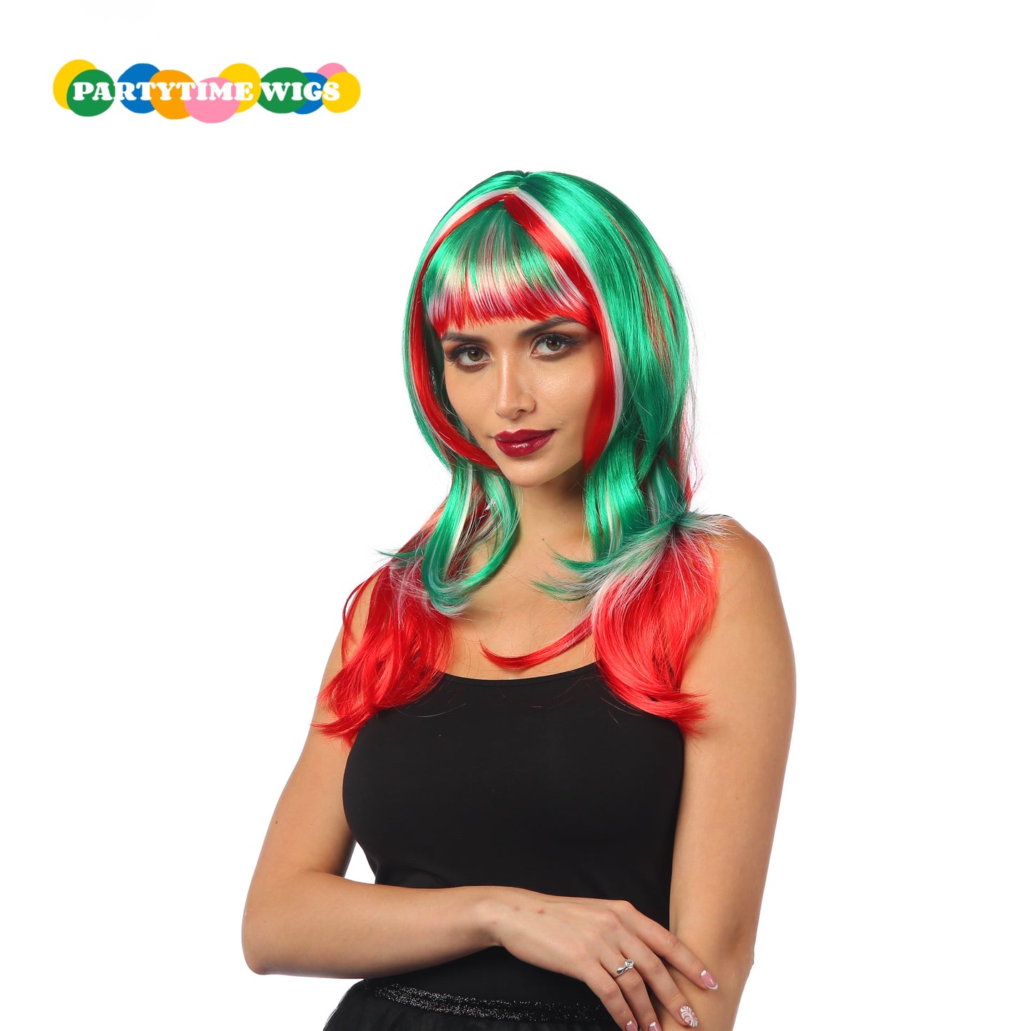 PARTYTIME FOOTBALL FANS STYLE SHORT SYNTHETIC FIBER GREEN MIX RED AND WHITE COLOR LADY WIGS