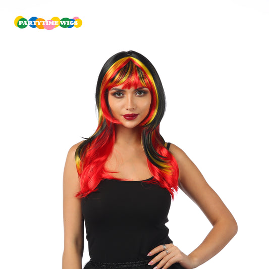 PARTYTIME FOOTBALL FANS STYLE SHORT SYNTHETIC FIBER BLACK MIX YELLOW AND RED COLOR LADY WIGS