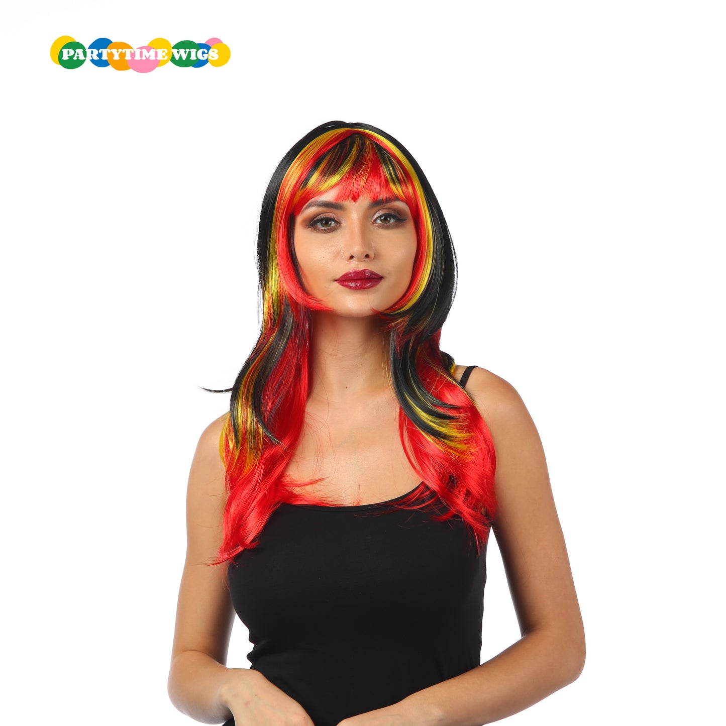 PARTYTIME FOOTBALL FANS STYLE SHORT SYNTHETIC FIBER BLACK MIX YELLOW AND RED COLOR LADY WIGS