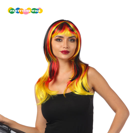 PARTYTIME FOOTBALL FANS SHORT SYNTHETIC FIBER BLACK MIX YELLOW AND RED COLOR LADY WIGS