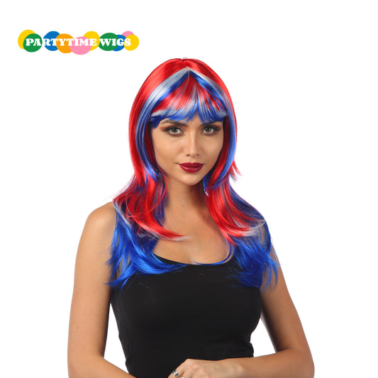 PARTYTIME FOOTBALL FANS SHORT SYNTHETIC FIBER RED MIX BLUE AND WHTIE COLOR LADY WIGS