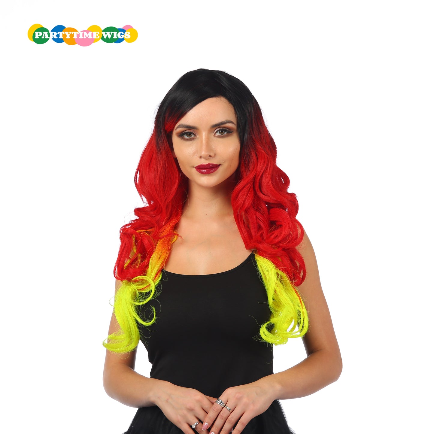 PARTYTIME LONG DEEP CURLY SYNTHETIC FIBER BLACK OMBRE RED AND YELLOW COLOR LADY WIGS