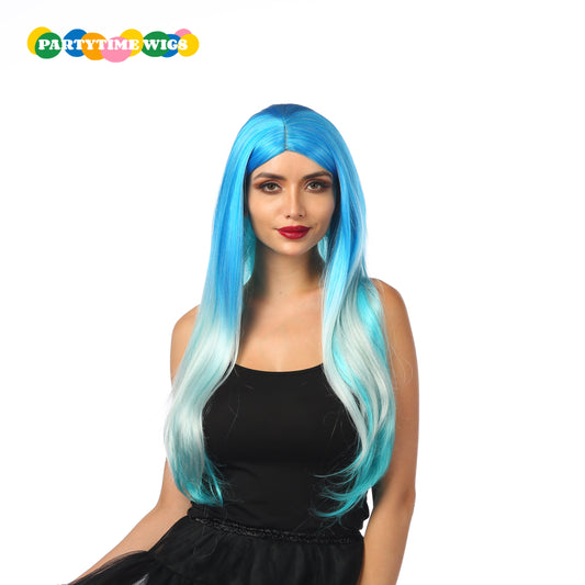 PARTYTIME LONG STRAIGHT SYNTHETIC FIBER BLUE MIX WHITE COLOR LADY WIGS