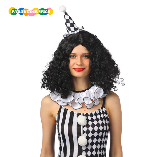 PARTYTIME CIRCUS STYLE SHORT CURLY SYNTHETIC FIBER BLACK COLOR LADY WIGS