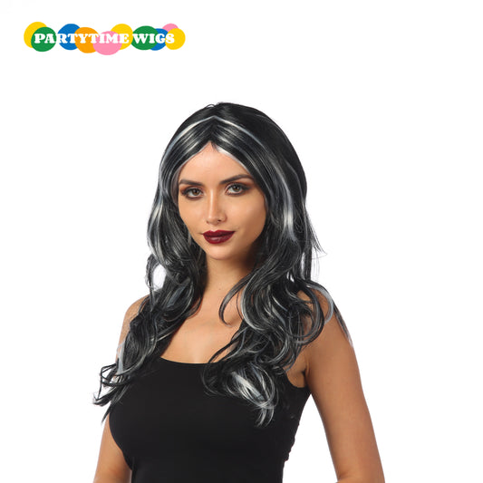 PARTYTIME HALLOWEEN STYLE LONG CURLY SYNTHETIC FIBER BLACK MIX WHITE COLOR LADY WIGS