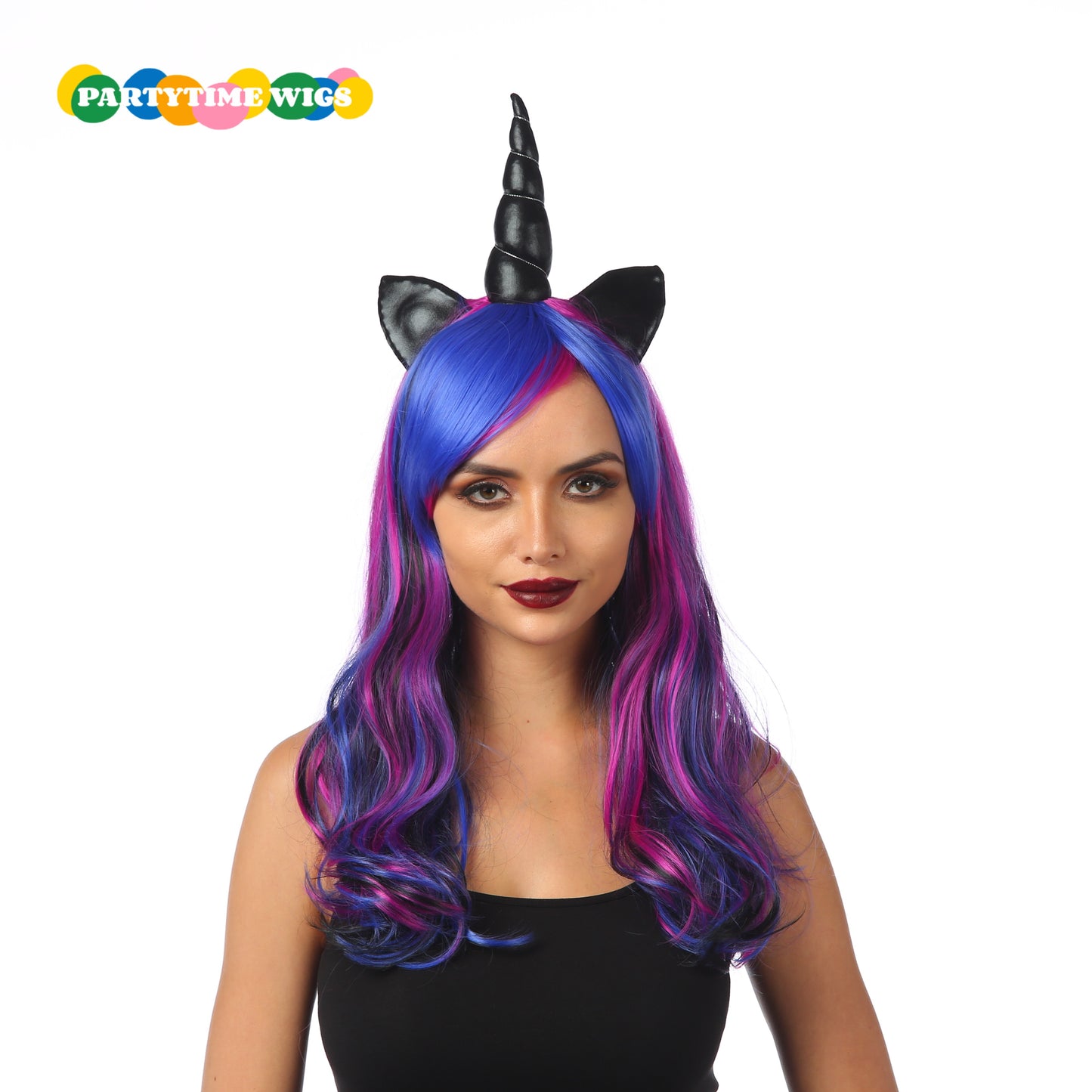 PARTYTIME HALLOWEEN UNICORN LONG CURLY SYNTHETIC FIBER BLUE MIX PURPLE COLOR LADY WIGS