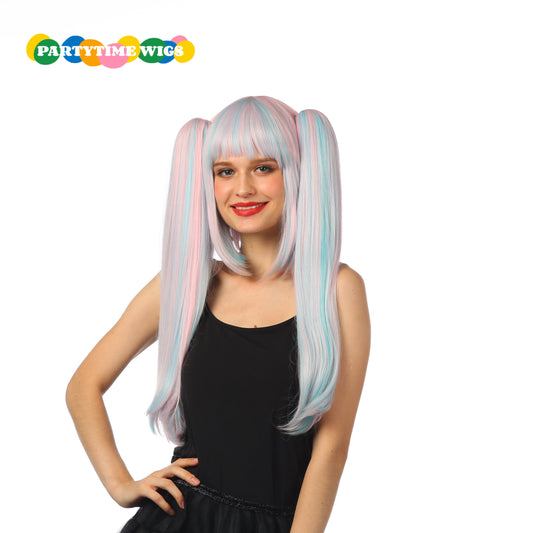 PARTYTIME LONG STRAIGHT SYNTHETIC FIBER BLUE MIX PINK COLOR LADY WIGS